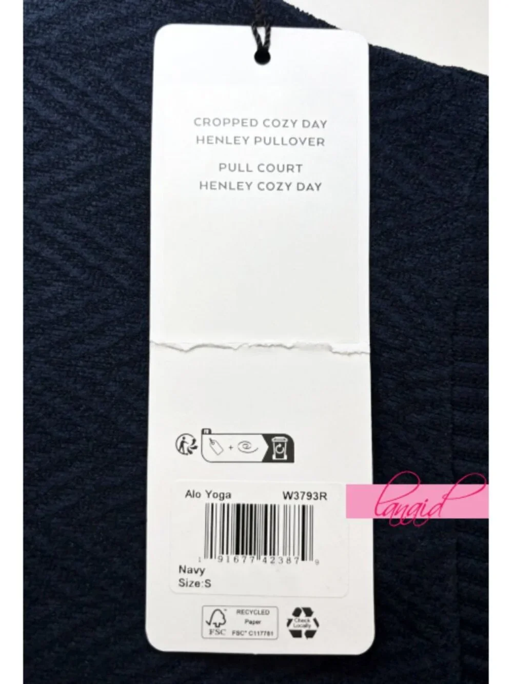 Alo Cropped Cozy Day Henley Pullover Navy V-Neck Velvet Velour Chevron Sweater S